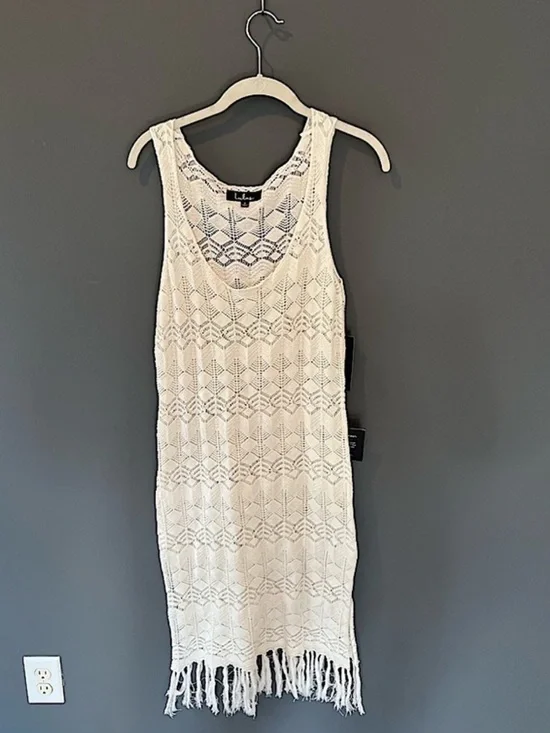 New Lulus Marina Pointe Cream Crochet Tasseled Swim Cover-up Beige - Size S - Picture 5 of 8